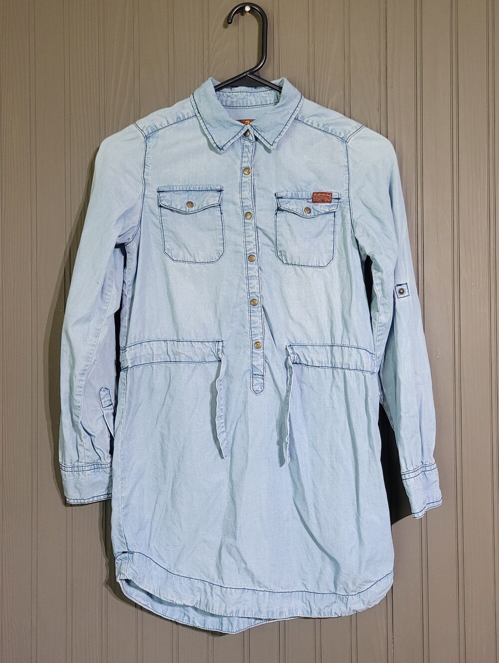 7 For All Mankind Light Blue Denim Shirt with Maroon Label